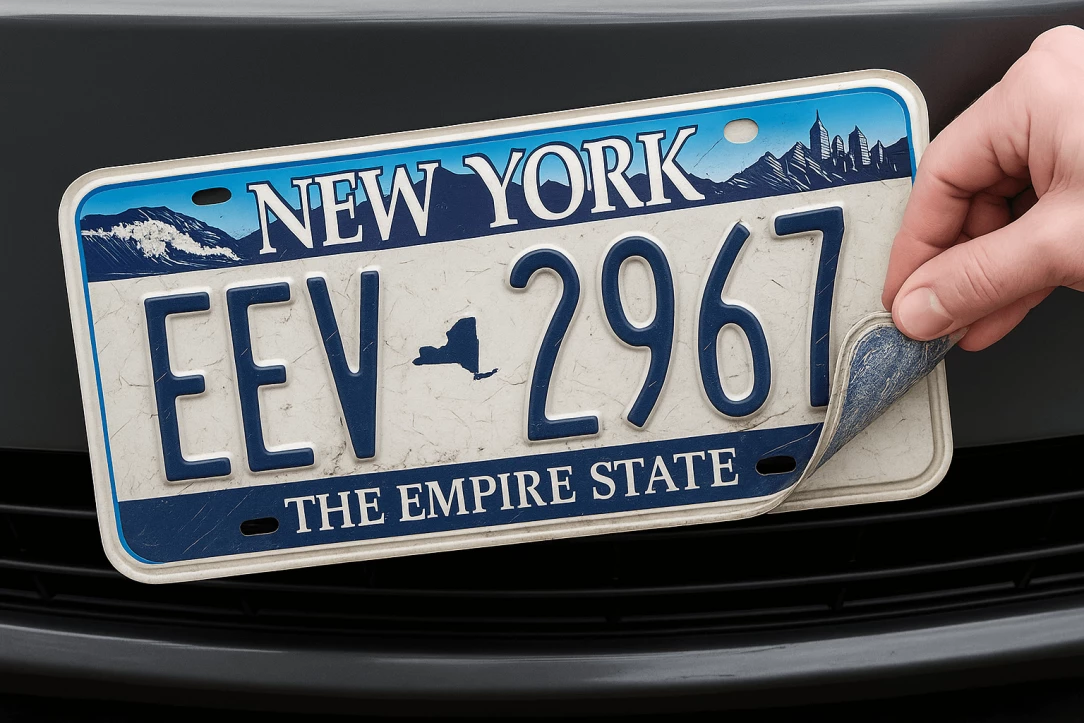 destroying an old license plate on a car