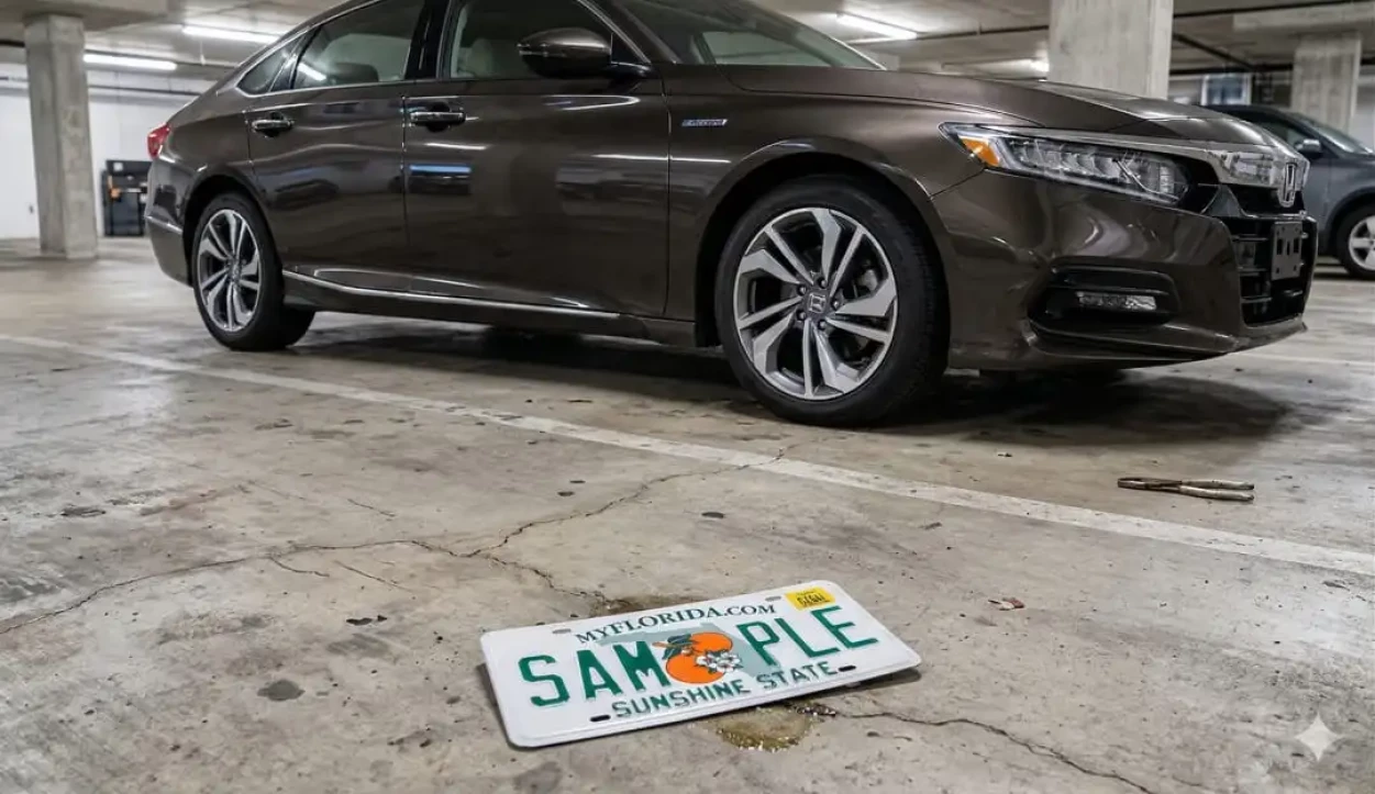 front license plate fallen off on the ground in front of a parked car in a garage
