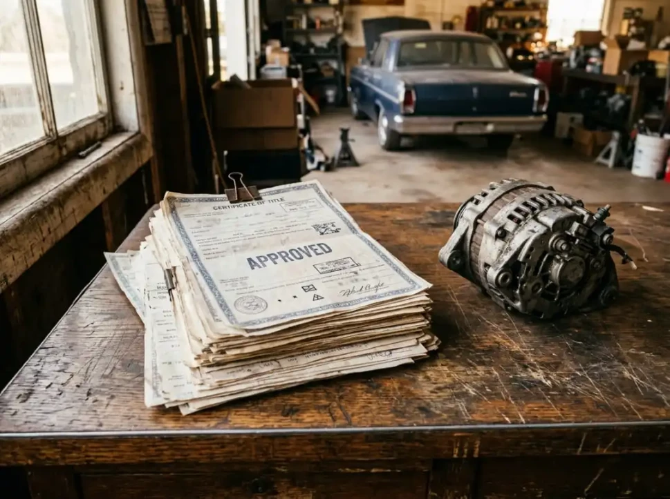 stack of vehicle title documents stamped "Approved"