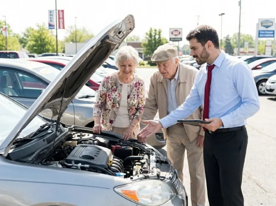 dealer showing a used car engine to buyers before an as-is vehicle purchase